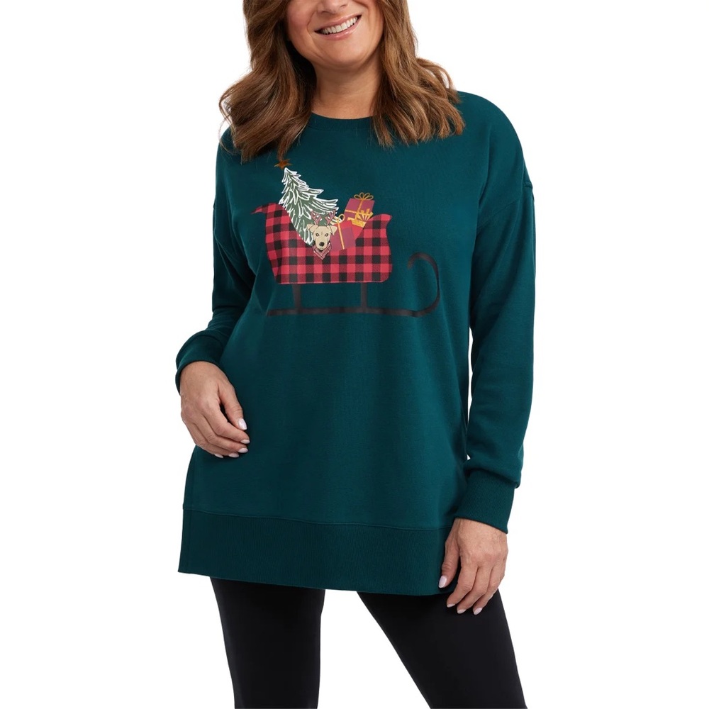 Teddi Rose Green Dog on Sled Christmas Sweatshirt Pullover NWT Large